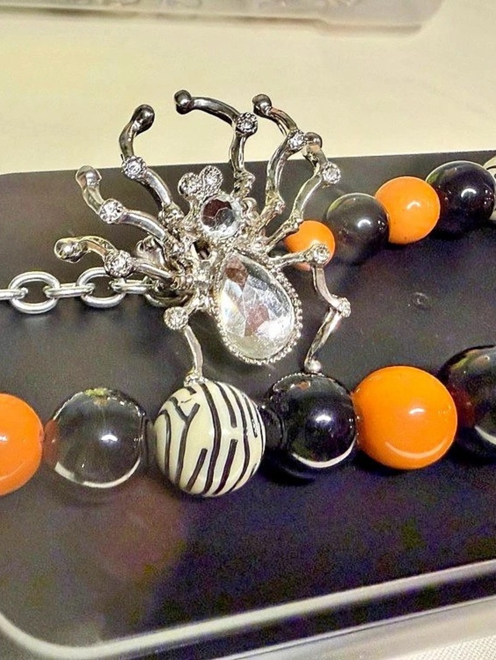 Halloween Spider Ring + Orange Black Statement Necklace Set